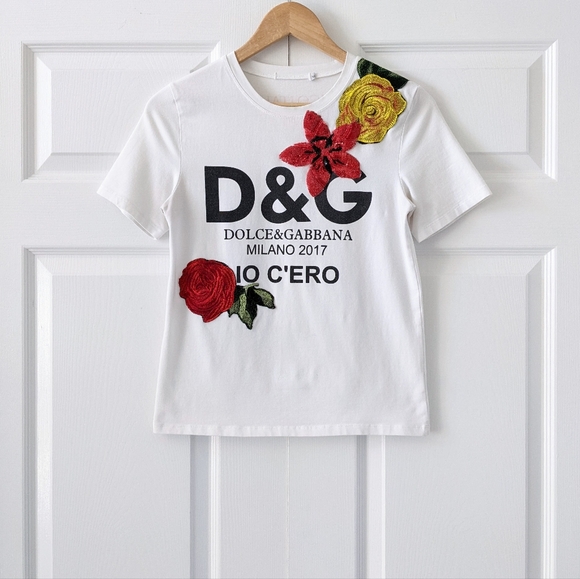 Dolce & Gabbana White Floral Embroidered "io C'ero" Print Tee | Size S - Picture 1 of 15